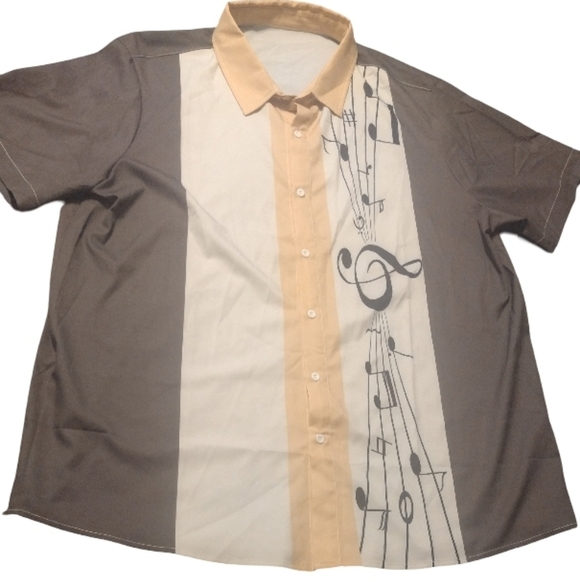 None Other - Men's Musical Note Print Shirt - Beige and Gray With Peach Strip